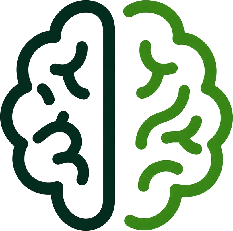 Logotipo de FerrísMent: un cerebro con un hemisferio verde oscuro y otro verde claro